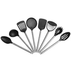 Food grade cooking tools 8pcs Set Black Nylon Utensil Set with Stainless Steel handle spatula ladle turner