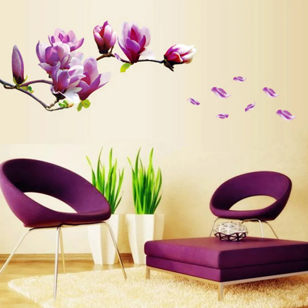 2016 Hot Sale Exquisite Elegant Magnolia Flowers Removable Art Vinyl Mural TV Backdrop Home Room Decor Wall Stickers