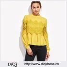Women Blouses and Tops Yellow Embroidered Tunic Band Collar Lace Applique Babydoll Long Sleeve Vintage Blouse