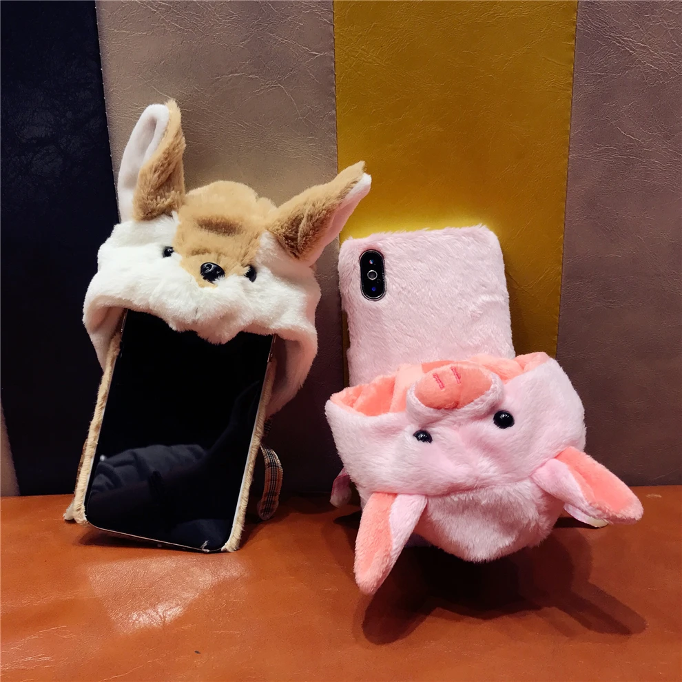 YEMIAO Pig Dog Hat Fur Case For iPhone X 6 6S 7 8 Plus Girl Style Winter Warm Cute Cover For iPhone X 10 6 6S 7 8 Plus Accessory (10)
