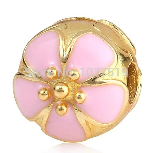 Blossom Bead- 100% 925 Sterling Silver Flower Bead Charm Pink Cherry Blossom Clip Stopper Bead Fit Bracelets & Bangles