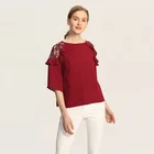 High quality flare sleeve burgundy modern lace women chiffon tops blouse ladies