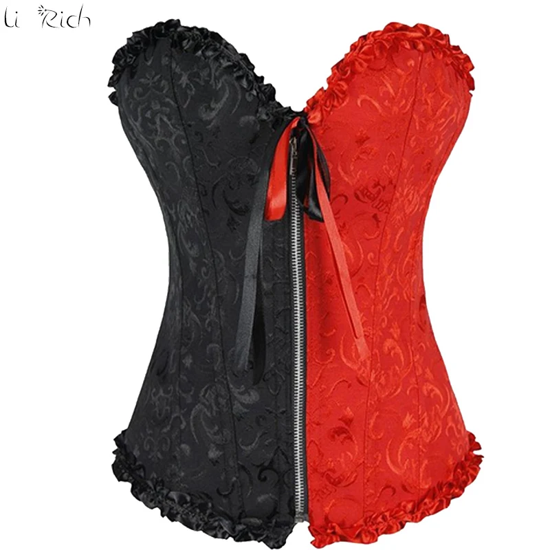 X USPS Body bustier Top corset Lace up Zip Overbust Brocade Black&Red Size S-6XL