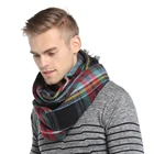 Men classic winter neck warm plaid scarf with fringe