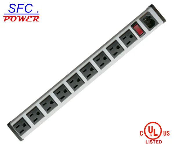 IEC 60320 Inlet C14 POWER STRIP, NEMA 5-15R 9 OUTLETS, VERTICAL RACK / SURFACE MOUNT, METAL ENCLOSURE, D.P. CIRCUIT BREAKER,