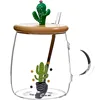 Zogift High quality reusable crystal clear cup cute creative cactus shape glass coffee mug with stainless steel spoon bamboo lid