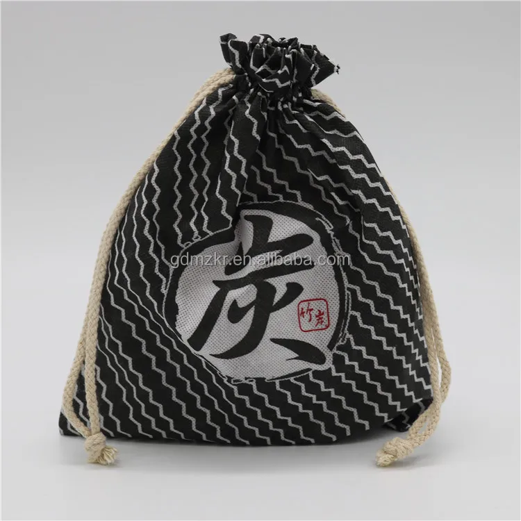 custom logo printing small black non woven fabric drawstring bag