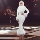 2019 Muslim Long Sleeve with Feather Mermaid Evening Dresses