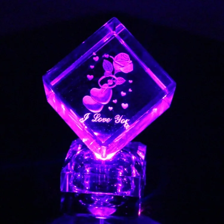 hot sale rotating led base crystal glass cube for christmas gift