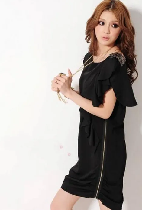 2015 Women's New Casual Free Shipping fashion style Korean Beads Irregular Frills Design Zipper Dress Black Dress hot sale