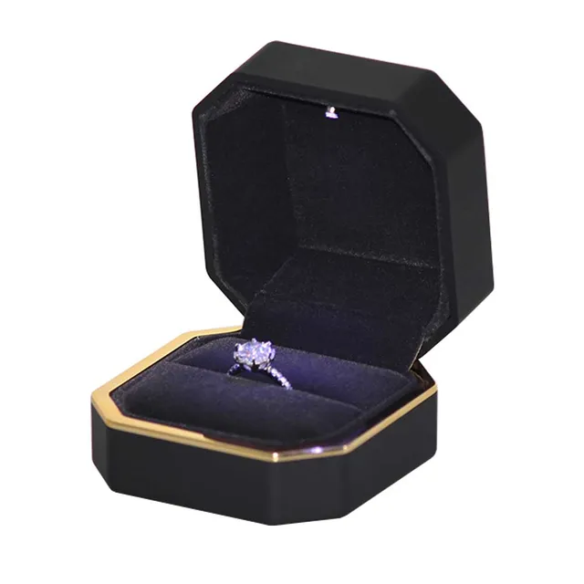 small gift black plastic diamond ring led light jewelry box
