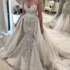 2019 Modest Mermaid Wedding Dress Bridal Gown Lace Pattern Sequin Bride Dresses With Detachable Overskirt