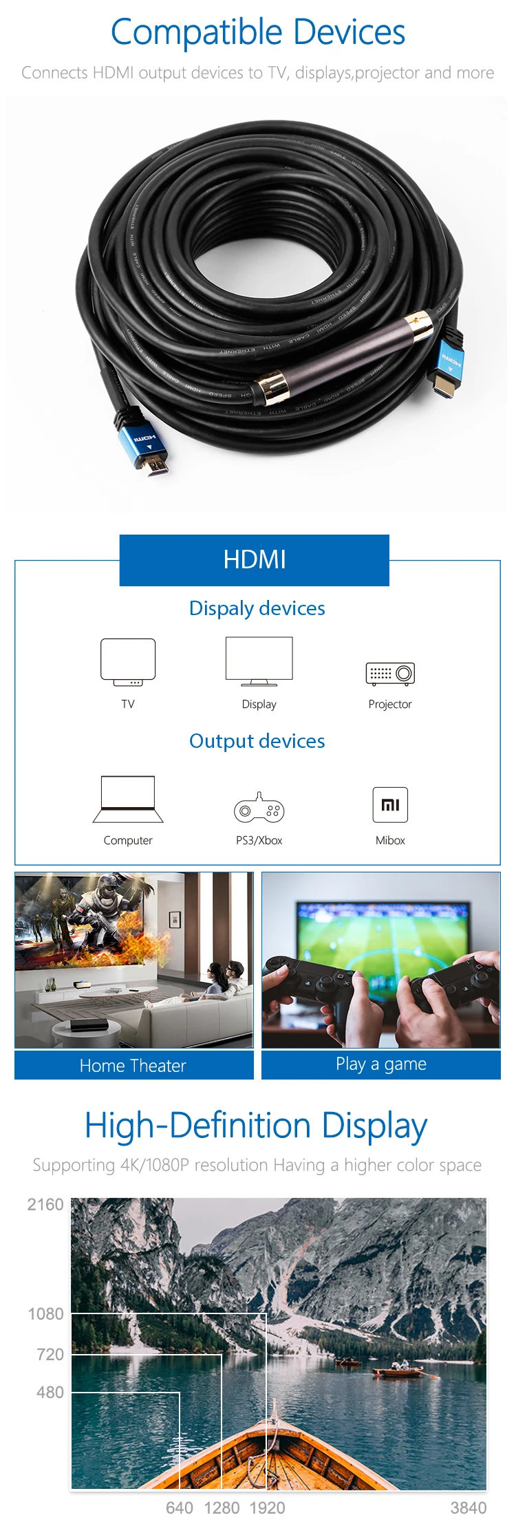 Support 4K Resolution 20M Metal Shell Active HDMI Cable 2.0 Long HDMI Cable - ANKUX.COM