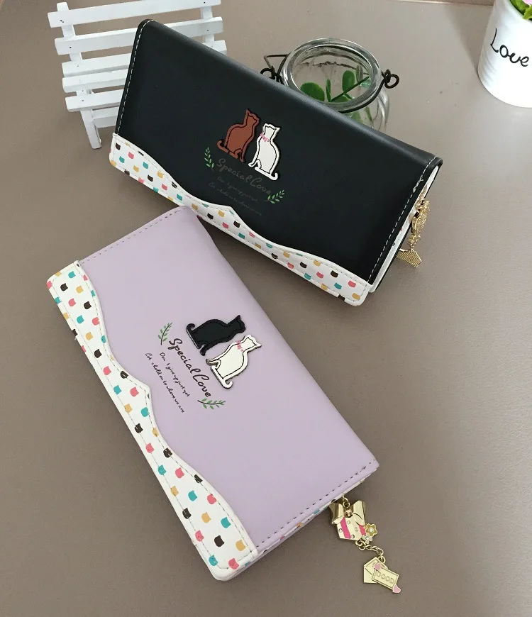 cat tail wave point two fold buckle bow pendant ladies purse wallet