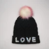 Winter Lady Sequin Cable Knitted Beanie Hat With Fur Pompom Raised Embroidery Hats Custom