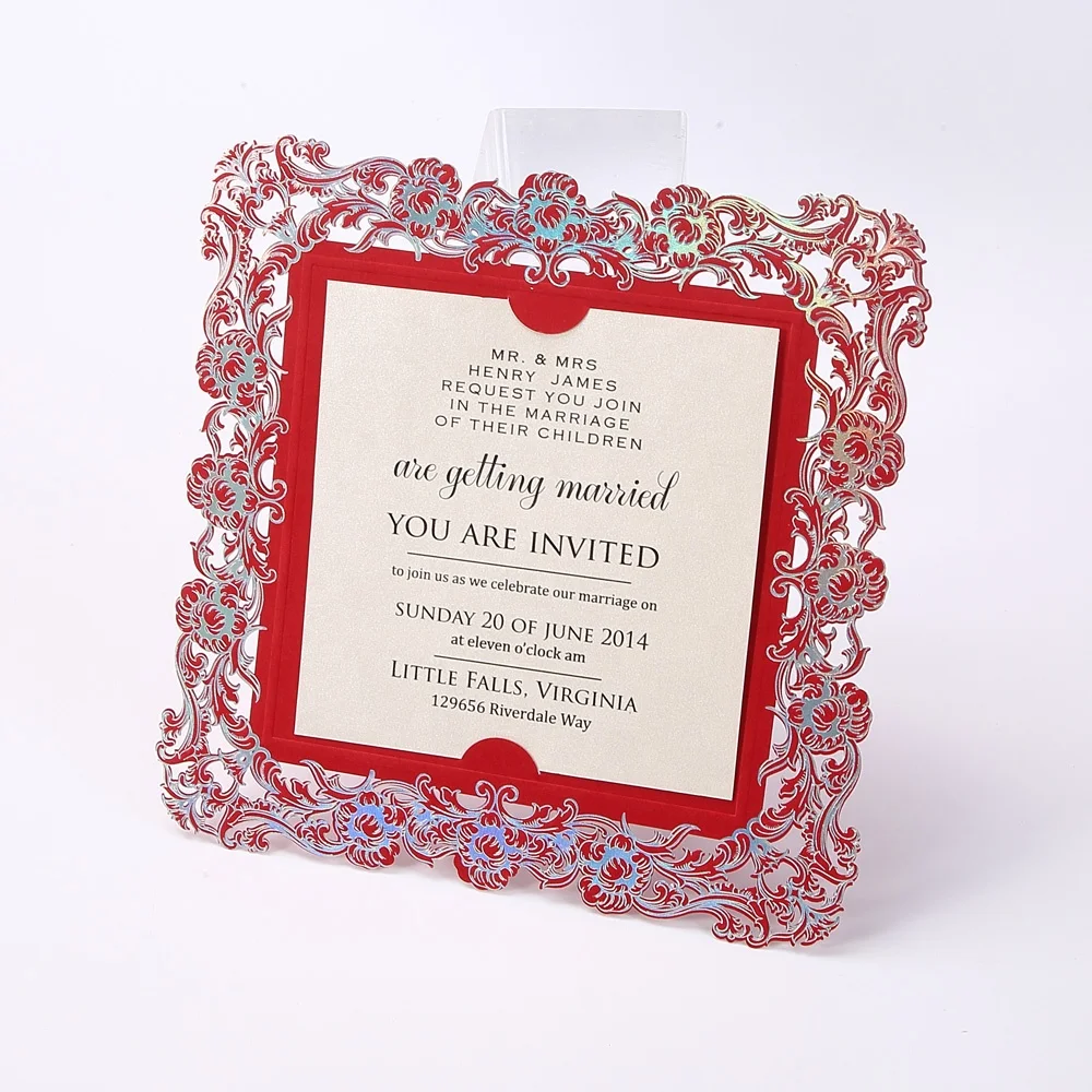 hot sale elegant red embossed floral wedding card invitation