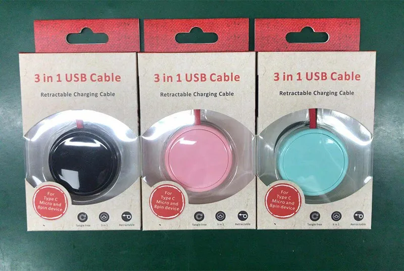 Round Shape Promotional Gigf 3 in 1 USB charging Cable with micro,type-c ,8 pin Connector - ANKUX.COM