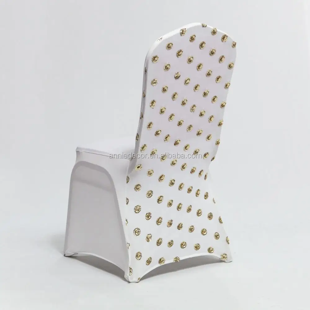 Wholesale white wedding spandex chair cover with gold sequin fabric decor back