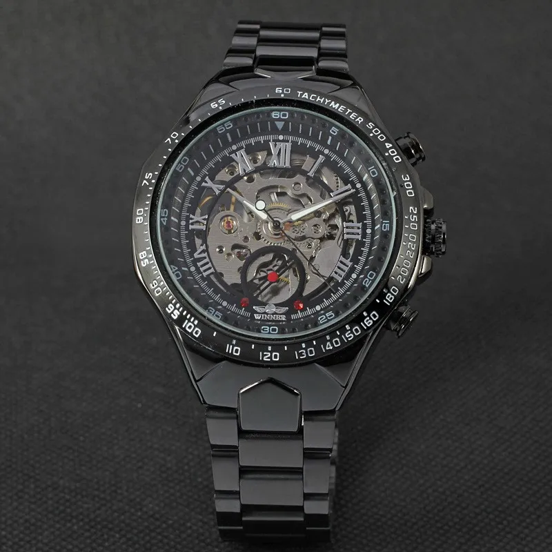 2016 New Hot Sale Skeleton Hollow Fashion Mechanical Self Wind Men Luury Male Business Gold Stainless Steel Strap Wrist Watch