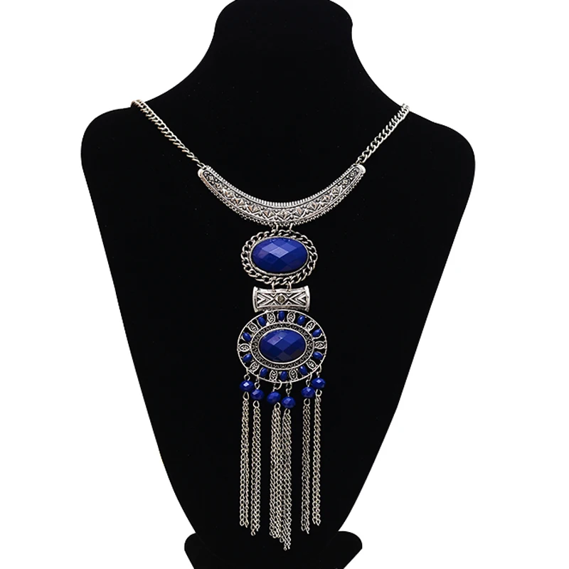 Vintage tassel pendants necklaces for women bohemian retro silver long necklaces collier with crytsal ethnic jewelry factory