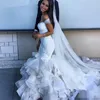 Embroidery Lace Appliques Ruffles Mermaid Wedding Dress 2019 Pearl Beaded Cap Sleeve White Wedding Dress China Bridal Gown
