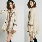 Elegant long sleeve cold shoulder embroidered dress, fashion boho tunic dress