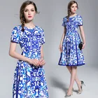 Spot QP3056068# spring and summer new short-sleeved blue-and-white porcelain print ladies slim dress