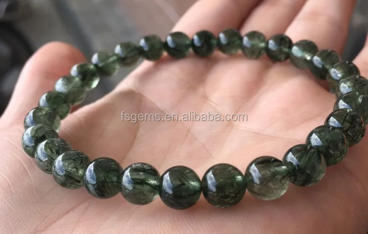 Natural Multicolor Round and Star Shaped Rutilated Quartz Bracelet Green Mineral Gemstones