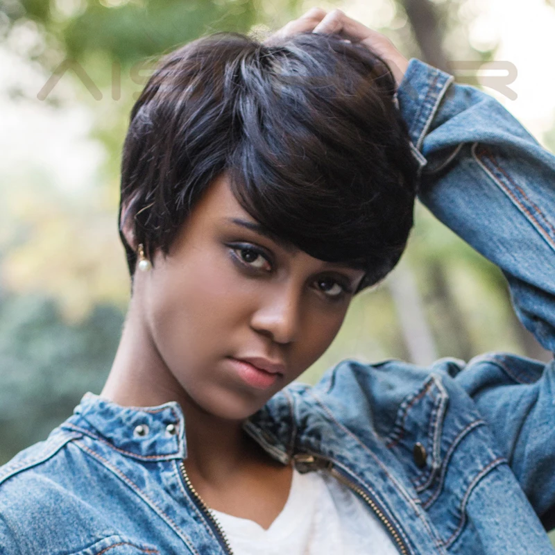 Sintético de las mujeres corto Pixie Cut peluca corta recta negro pelucas para las mujeres afroamericanas fibra resistente al calor
