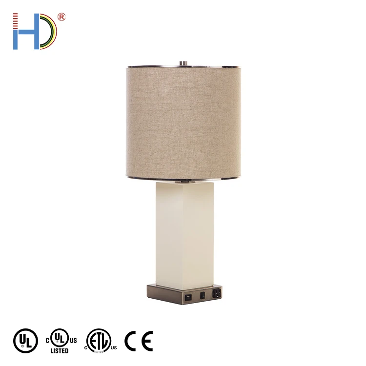 Luxury Hotel Modern Bedside USB White Burlap Drum Shade Table Lamp