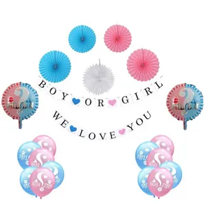 balloon banner boy or girl gender reveal with paper fans baby