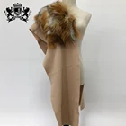 Fashion Cashmere Shawl Stole Mink Fur Cape with Real Fox Fur Trim