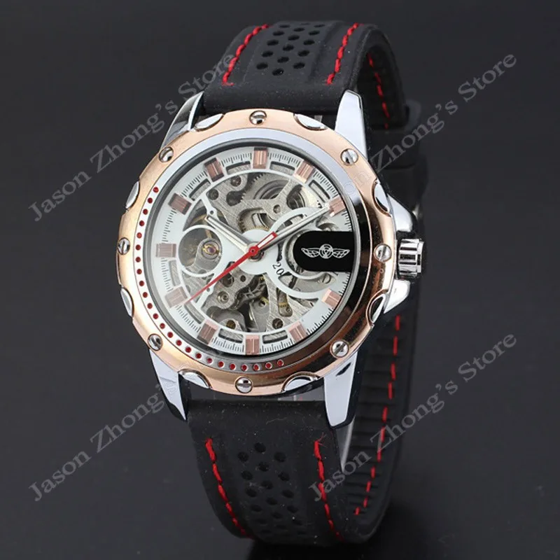 New WINNER Hollow Engraving Skeleton Casual Design Black Golden Case Rubber Strap Watches Men Luury Brand Automatic Watches