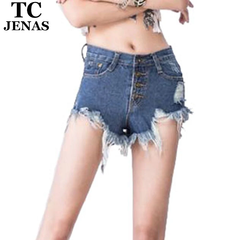 TC Women Summer High Waist Shorts Female Hole Ripped Sexy Breasted Tassel Denim Short Jeans Feminino Taille Haute Shorts WT00063