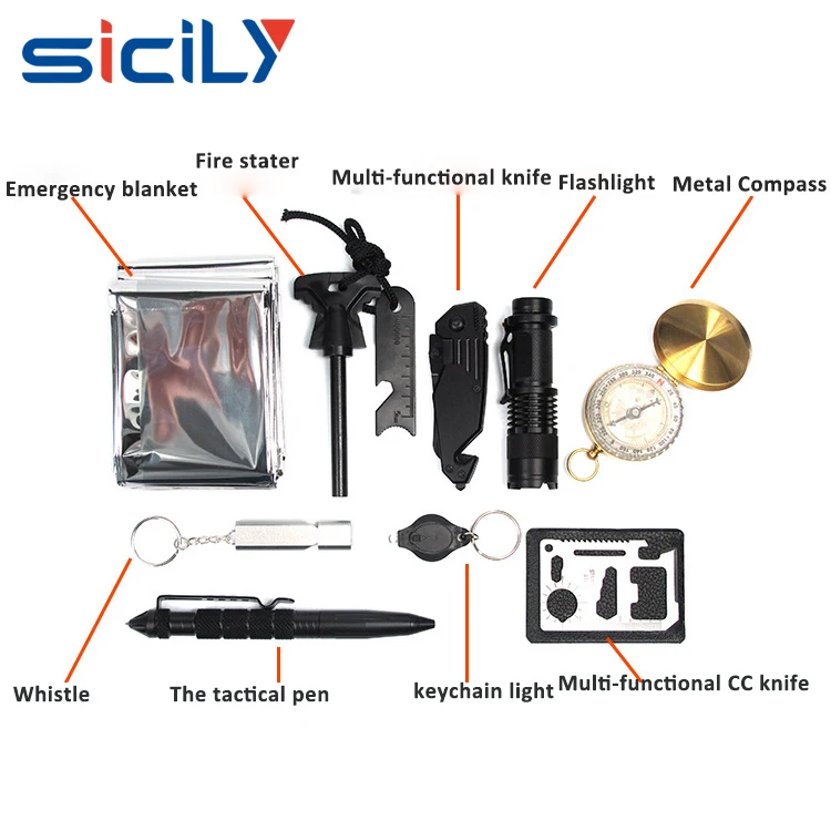 10 in 1 Emergency Gear Items Outdoor Camping Equipment: Survival Paracord Bracelet, First Aid Kit, Survival Kit