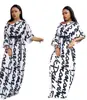2019 New Arrivals Summer Fashion Women Casual V-Neck 3/4 Sleeve With Belt Letter Printed Loose T-shirt Maxi Dress