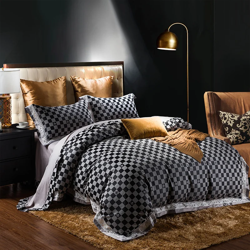 Waliicorners Tribute Silk Jacquard silver gray Luxury Royal Bedding set 4Pcs King Queen size bed sheet set Duvet cover pillow shams 25 WFG_1605