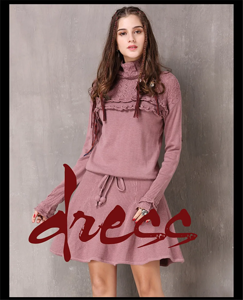Vintage Knitted Winter Dress For Women 2017 New Cotton Wool Vestidos Turtleneck Ruffles String Waist A-line Women Dresses (5)