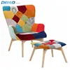 Patchwork fabric tufted armchair with footrest, scandinavian style wooden accent chair with ottoman