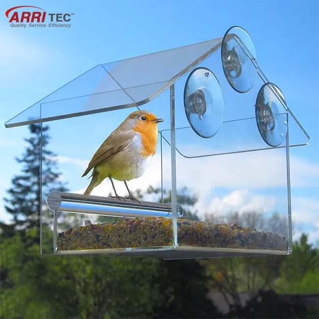 house-shaped wall mount clear acrylic window bird seed feeder