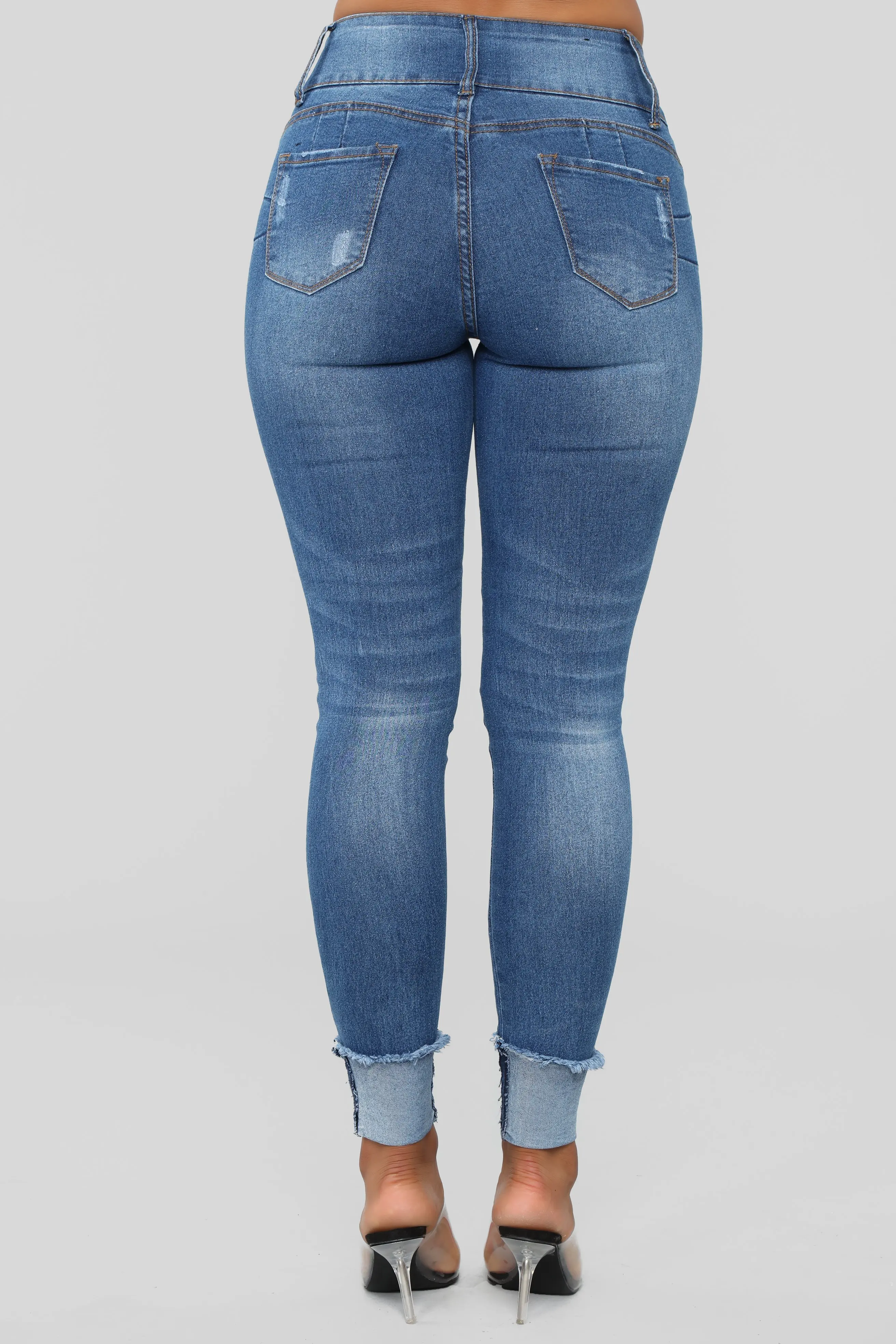 Stretch High Waist With Stacked Button Rolled Hem Skinny Brazilian Jeans for Women