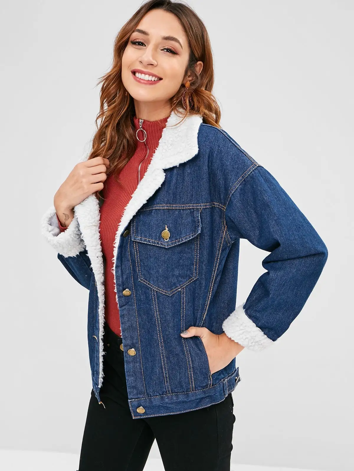 Hot Sale Crazy Faux Fur Shearling Lined Denim Winter Jackets for Women