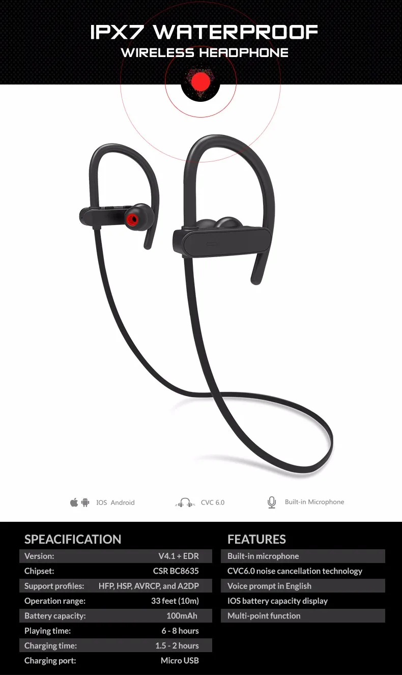 2018 amazon hot sales bluetooth 4.0 hands free wireless headset earphone bass for sport RU10 - ANKUX.COM