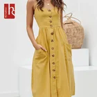 HS Fashion Polyester Sleeveless Bohemian Summer Women Casual Midi Dress with Button
