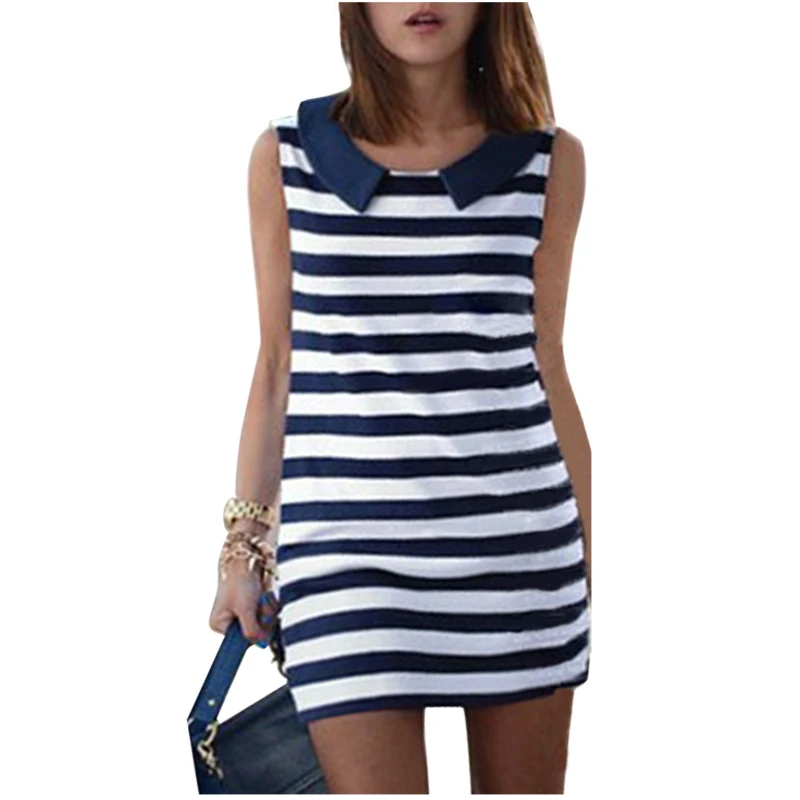 Brand New 2015 Summer Women Denim Sailor Collar Sleeveless Striped Jeans Dress Ladies Blouses Tops Casual Dress Women Clothing