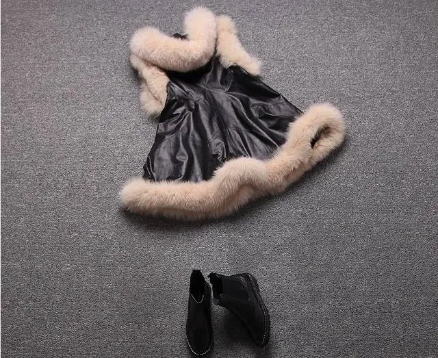 2014 the new explosion models in Europe and America big plush leather trim grass washed hooded sleeveless long vest