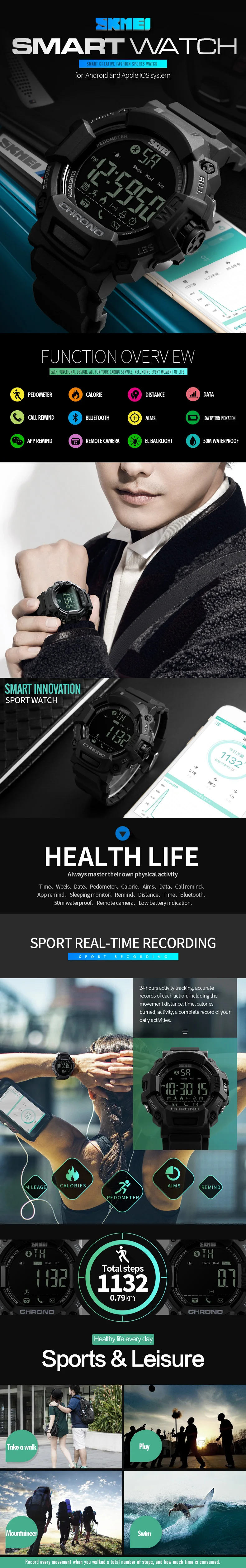 SKMEI 1249 Men Sport Smart Watch Multi-Functions Chronograph Waterproof Outdoor Calories Digital Blue tooth Wrist Watches