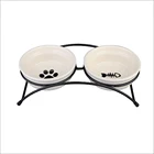 Small MOQ customized logo ceramic pet dog food feeding bowl, double ceramic pet bowl with metal rack