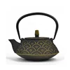 Chinese Classical Black Golden Cast Iron Flat Teapot with Fish Scale Pattern