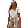 Womens short sleeve tie front knot casual fitted top tee palin white t-shirt